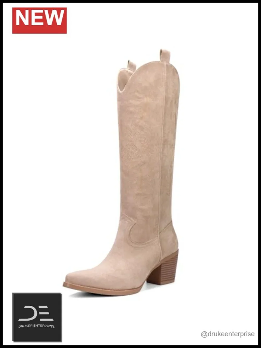 Women's Western Cowgirl Boots Suede Knee High Pointy Toe Embroidered Chunky Heel